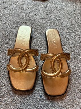 Gold Interlocking inspired CC Slide Sandals